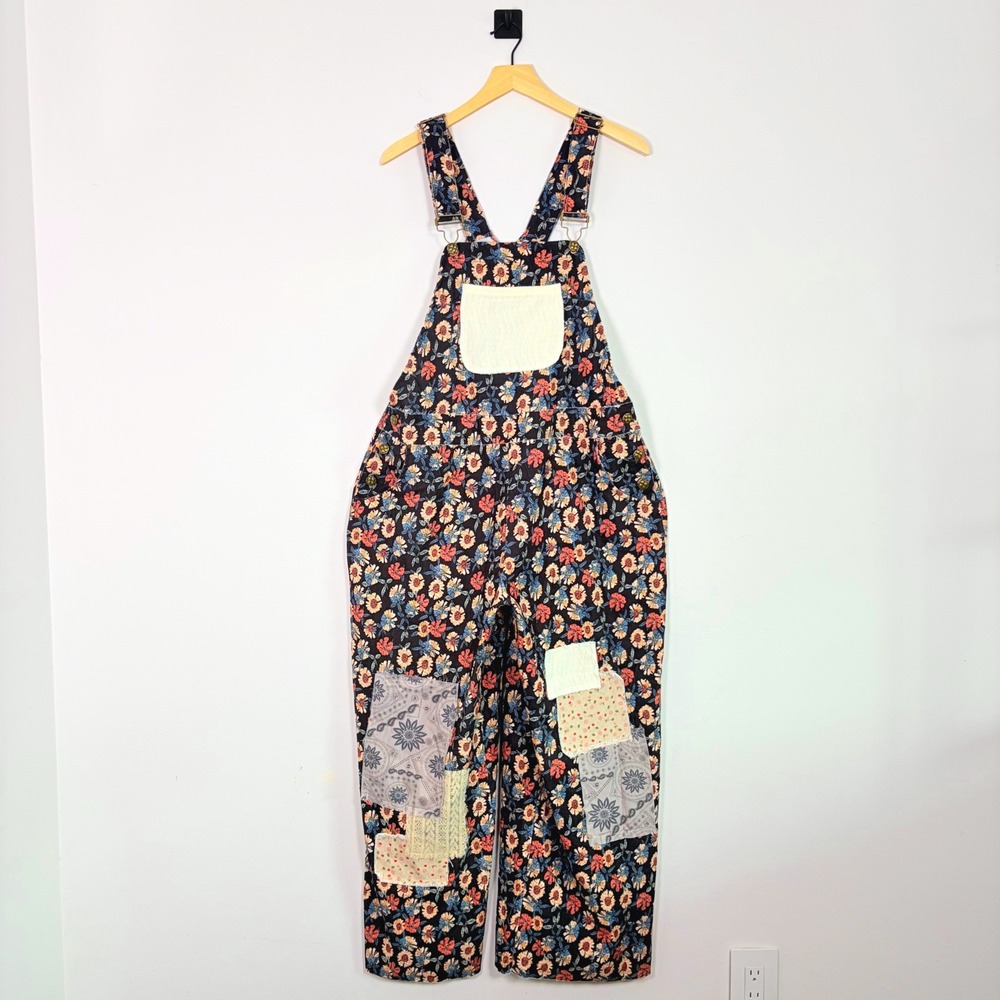 POL Printed Corduroy Patchwork Overalls Mixed Floral Wide Leg Large Boho Hippie - Picture 2 of 13